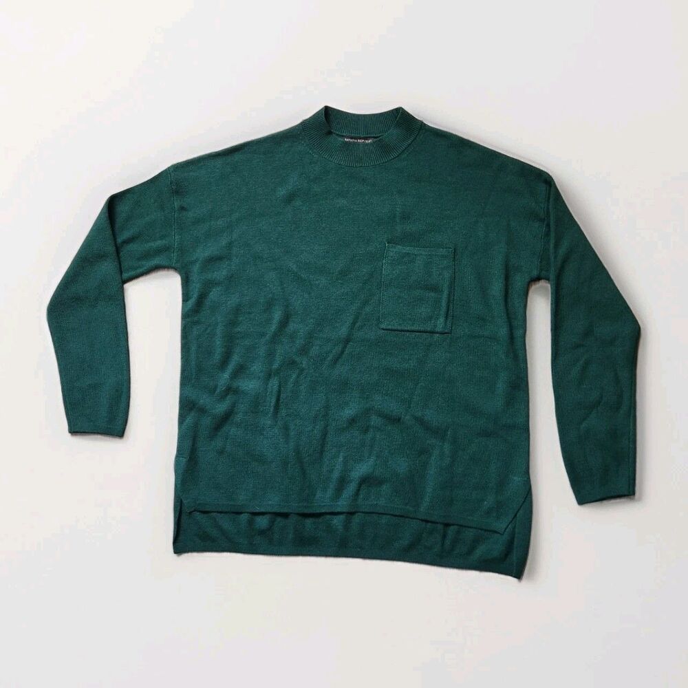 Banana Republic Heavyweight Mock Neck Sweater Green Hi Low Hem Pocket Sz PM EUC